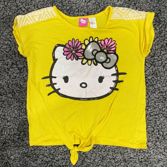 Girls Hello Kitty Tie Front Spring Yellow Sequin T-Shirt Top Size L/G 10-12 - Picture 1 of 7